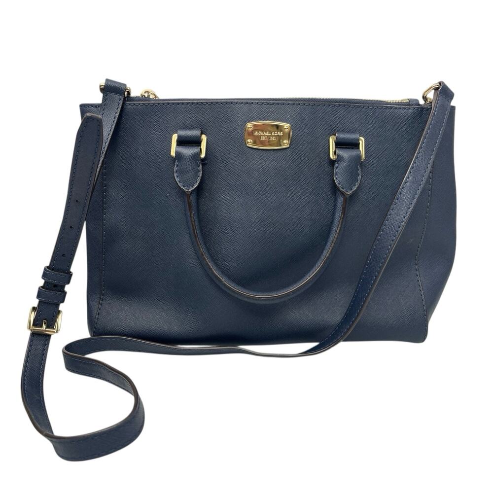 Michael Kors Kellen Blue Saffiano Leather Gold Accent Satchel Crossbody Bag OS